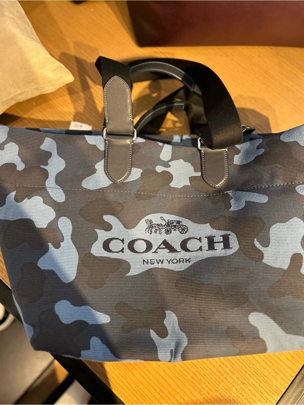 Coach Blue Camo Canvas tour Tote with Black Leather Handles